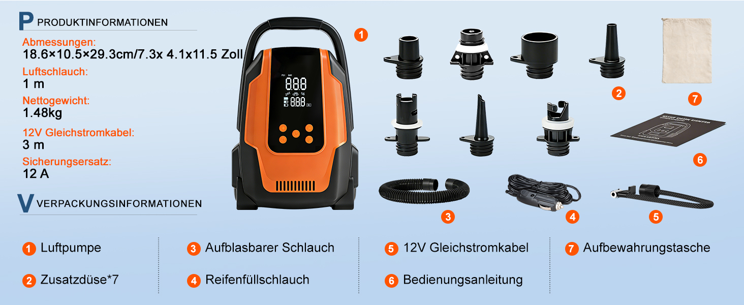 Електричний насос для SUP дошки 50PSI 3-в-1, 12V, для човнів, каяків, автомобілів та надувних виробів
