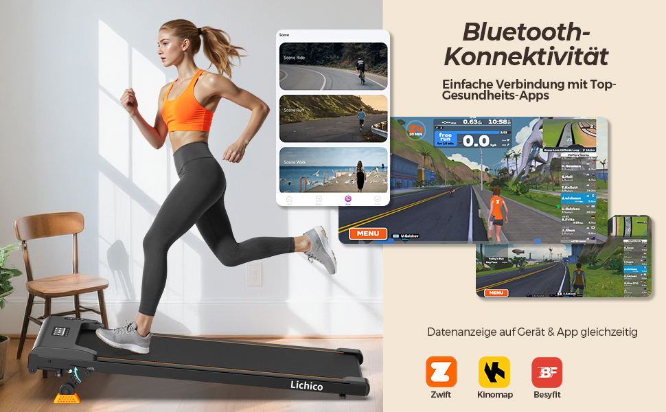 Біговий доріжка Lichico Walking Pad з регулюванням нахилу 9%, Bluetooth, LED дисплей, 2.5HP для дому та офісу