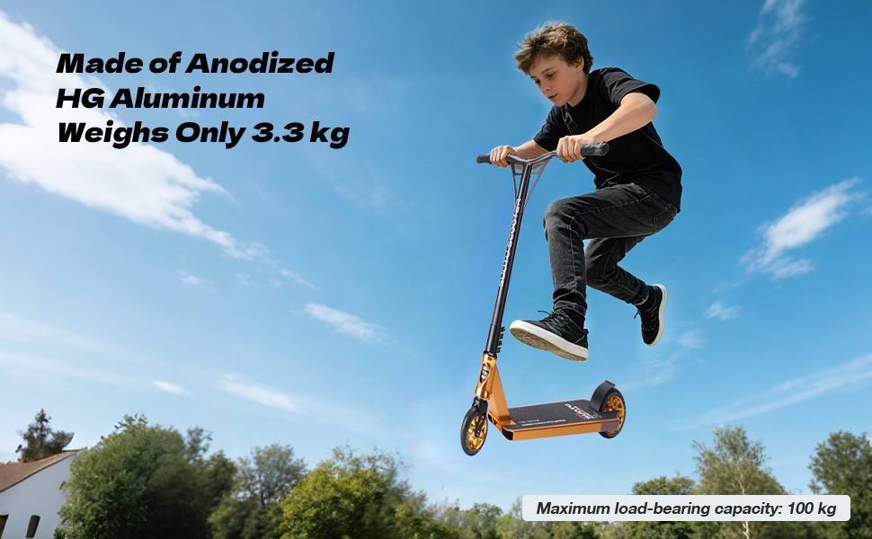 SUOTU Професійний стент-скутер, 360° кермування, роликовий скейт з колесами 110 мм 85A PU, для дітей, підлітків та дорослих, вантажопідйомність 100 кг, алюміній, чорний – золотий