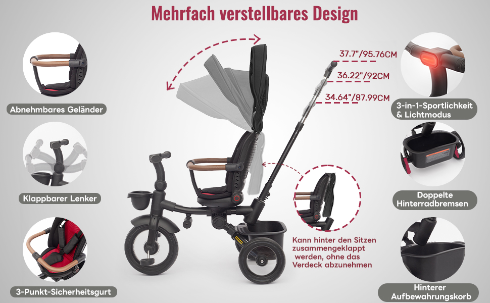 Дитяче трьохколісне велосипед UBRAVOO 7-в-1, для дітей від 6 місяців до 5 років, з фарами, педальним гальмом, розширеним козирком, знімним захистом, прогулочний візок з функцією ходьби та кермування, чорний