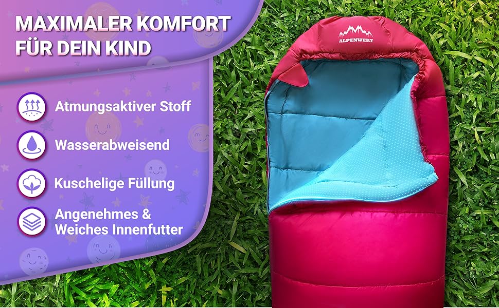 Дитячий спальний мішок Alpenwert® для літа – росте разом з дитиною! [130–170см] – Вага 920г, компактний [32×19см] – Ідеально для кемпінгу, фестивалів, відпочинку на природі – спальний мішок-кокон для дітей від 6 років, рожевий/світло-блакитний