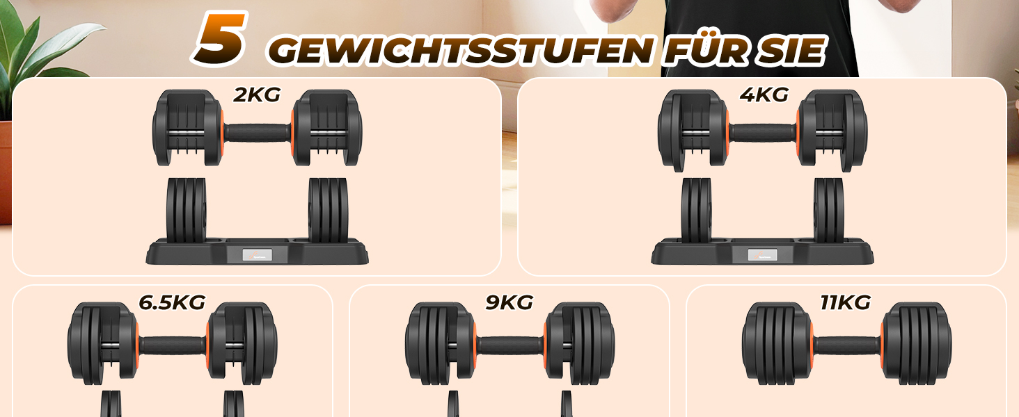 Sportneer Регульовані гантелі 2 шт. - набір, 5-в-1 (2/4/6.5/9/11 кг), обладнання для фітнесу вдома з антиковзним покриттям, набір регульованих гантелей для чоловіків та жінок 11 кг x2