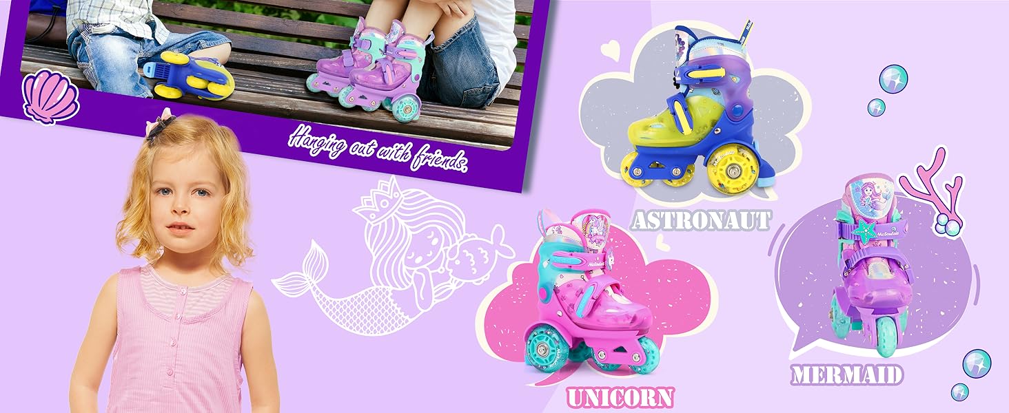 Дитячі ролики Kinder Rollschuhe для дівчаток та хлопчиків, Єдиноріг, Русалка, світлові колеса, 4 розміри, регульовані, для початківців, подарунок на Новий рік та день народження (XS(27~30), Русалка фіолетовий)