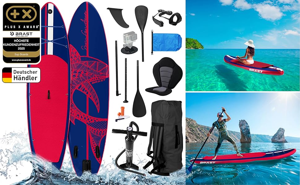 SUP Board BRAST Shark надувний, 320x81x15 см, комплект: весло, сидіння для каяка, тримач для камери, насос, рюкзак, блакитний