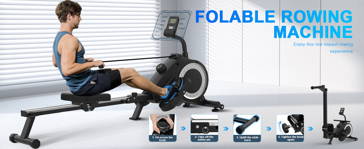 Гребний тренажер Neezee - складаний для дому з LCD-монітором, 16 рівнів магнітного опору, тренування всього тіла, тихий, компактний, покращене махове колесо, темно-сірий