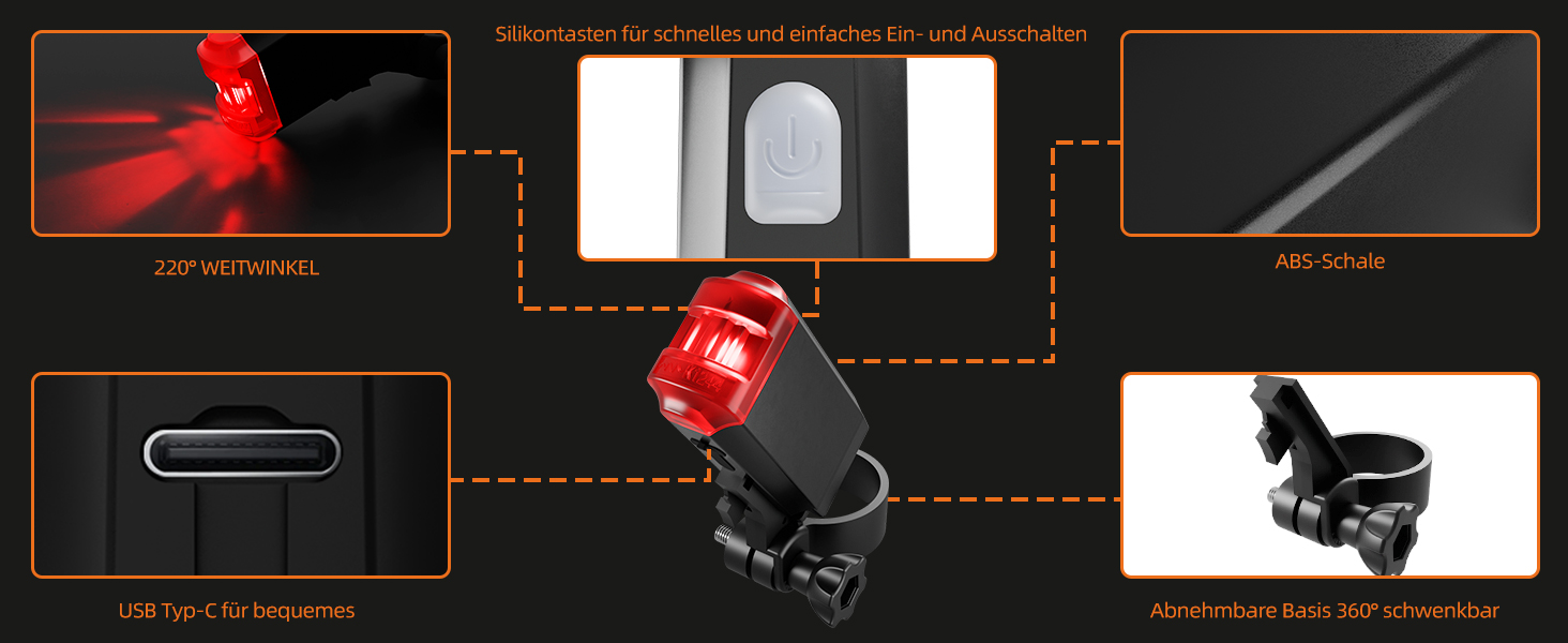 Набір переднього та заднього велоліхтаря LED USB, StVZO, IPX6, чорний+червоний