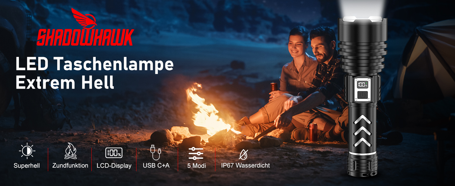 Ліхтарик тактичний Shadowhawk LED 1,000,000 LM, 50W, 1000м, IP67, з LCD-дисплеєм, чорний - для виживання, кемпінгу, активного відпочинку