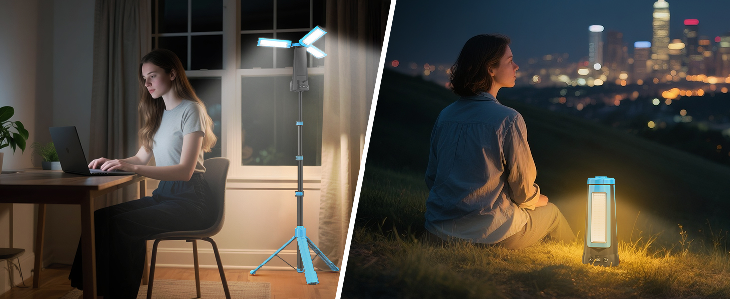 Портативна LED кемпінгова лампа 15000mAh з регулюванням яскравості, штативом, IP65, для кемпінгу, подорожей, будівництва та надзвичайних ситуацій, блакитна