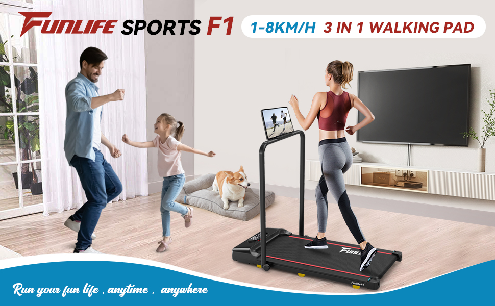 Біговий доріжка для дому та офісу, складний Walking Pad та стіл-біговий доріжка 3-в-1, тихий та компактний, з пультом дистанційного керування та амортизацією, Desk Treadmill, 1–8 км/год, FunLife F1 Blue