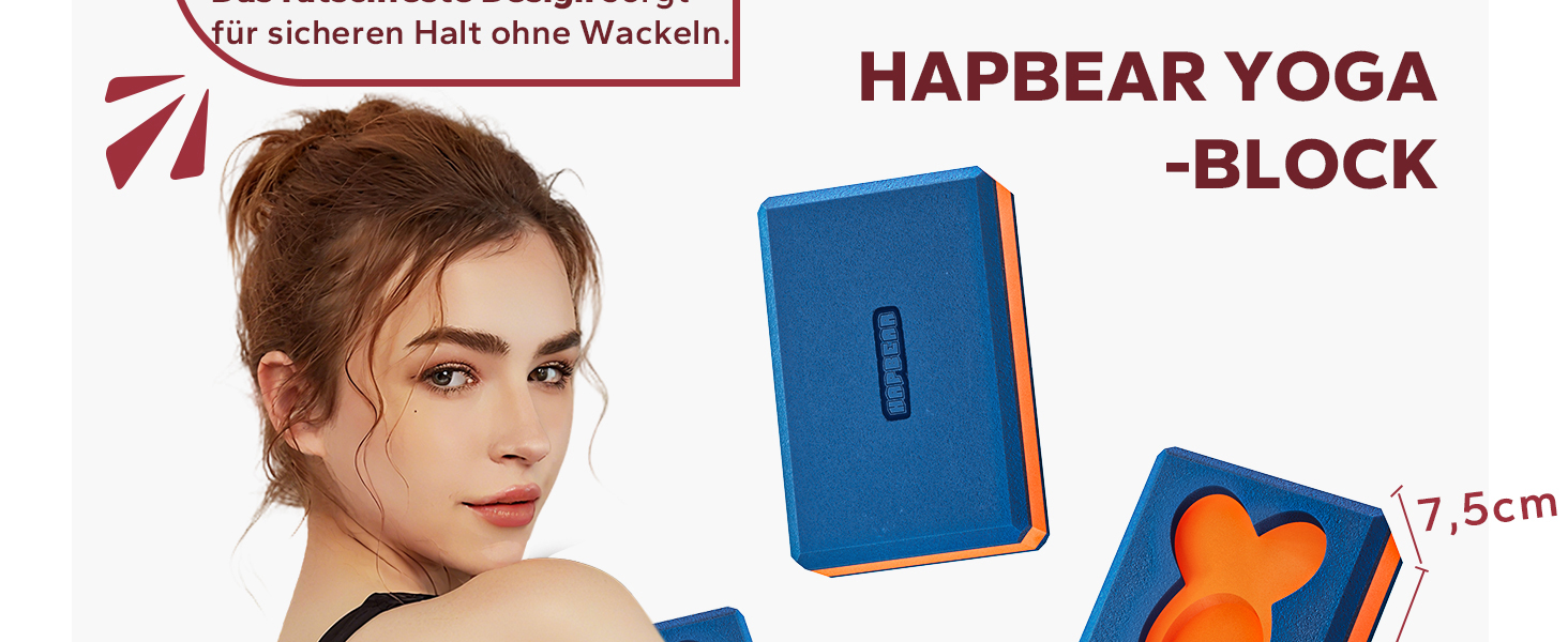 Набір блоків для йоги HAPBEAR (2 шт), 23×15×7,5 см, EVA-піна, протиковзкі ергономічні блоки для пілатесу та розтяжки, темно-синій/помаранчевий, з ременем та масажним м'ячем