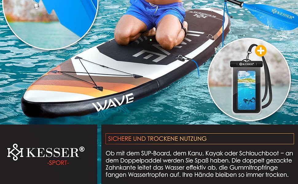 Весло KESSER® Paddle з подвійним лезом - 4 частини для каяка, SUP, стінд-ап паділбордингу, 228 см, алюміній. Включає страхувальну мотузку, чохол для телефону, дошка для серфінгу.