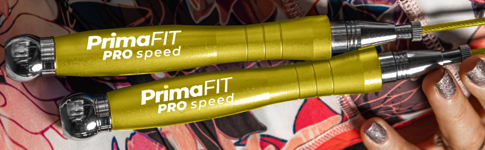Скакалка PrimaFIT для дорослих: професійна, з регулюванням, з вагою, 3м, 2 підшипники, антиковзні ручки, для боксу, MMA, кросфіту, сталеве тросик, сумка (золота)