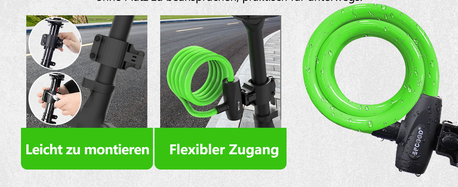 Замок для велосипеда 120см/12мм, високий рівень безпеки, кабельне спіральне кільце з 2 ключами, анти-крадіжка, для велосипеда, триколісного велосипеда, мотоцикла, скутера (зелений)