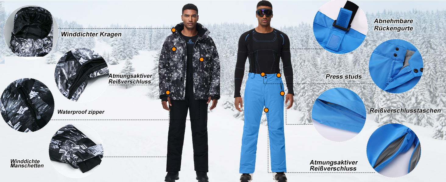 Комплект гірськолижний чоловічий HOTIAN: куртка та штани, зимовий костюм, водонепроникний, вітронепроникний, синій+чорний