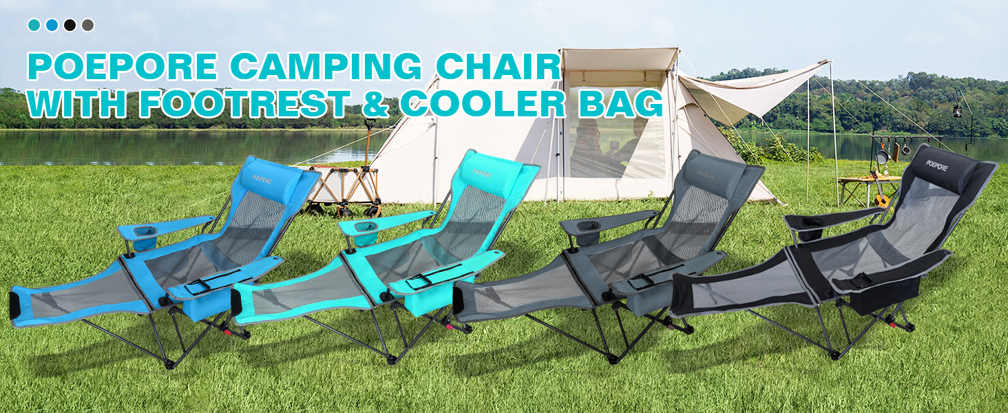 Крісло для кемпінгу Poeopore складне з підставкою для ніг, 4-х секційне, для відпочинку на пляжі та риболовлі, витримує до 120 кг, з кишенькою-холодильником, подушкою та тримачем для напоїв, блакитне
