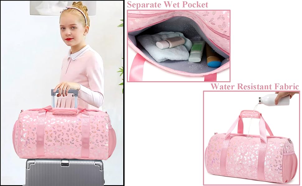 Спортивна сумка для дівчаток Kord з квітковим принтом (25л) з водовідштовхувальним відділенням для мокрого одягу та взуття. Ідеальна для школи, спорту, танців та тренувань. Чорний/Рожевий колір.