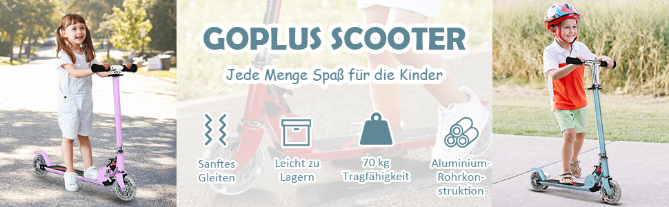 Дитячий ролер GOPLUS Roller Kinder 4, ролер для дітей 4 роки, з LED-підсвіткою, гальмом та підніжкою, регульована висота, алюмінієвий, складний, до 70 кг, блакитний