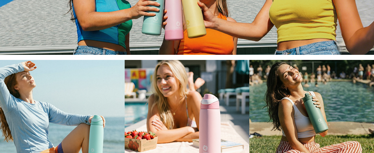 Спортивна пляшка для води Fjbottle з нержавіючої сталі 750 мл, синя — з кнопкою відкриття, силіконовим дном та щіткою для чищення