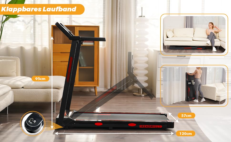 Бігова доріжка RAOO MIN для дому, 1-12 км/год, 2.5HP, складаний, з пультом/LED, підставка для iPad/телефону, Bluetooth, чорний