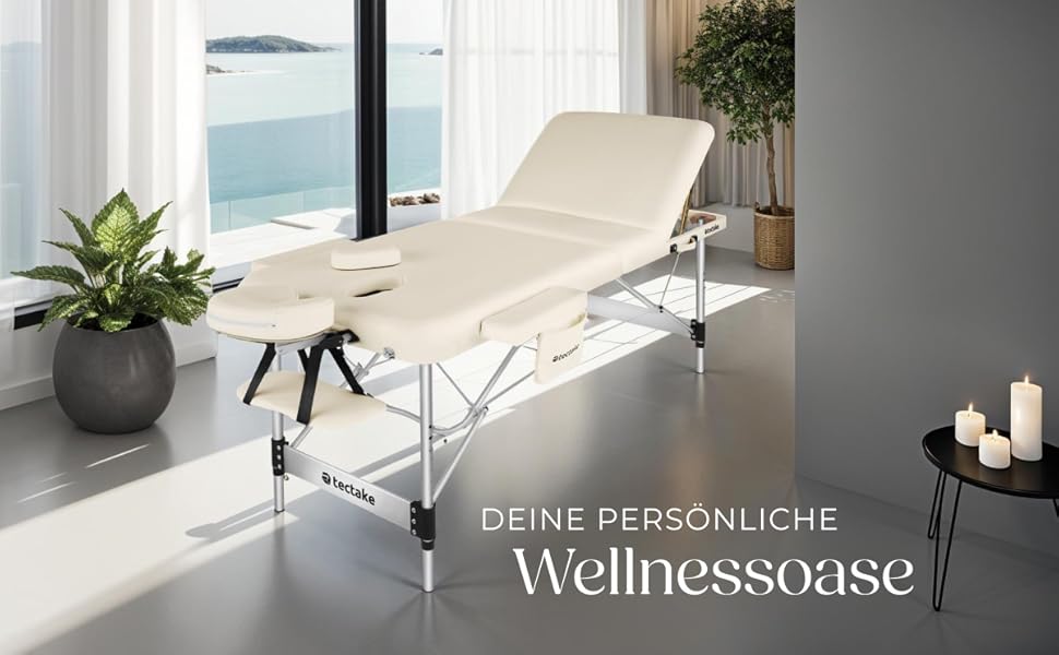 Масажний стіл Tectake® 3 зони, складаний, з регулюванням висоти, алюмінієвий, з аксесуарами (підголовник, підлокітники, сумка) - бежевий
