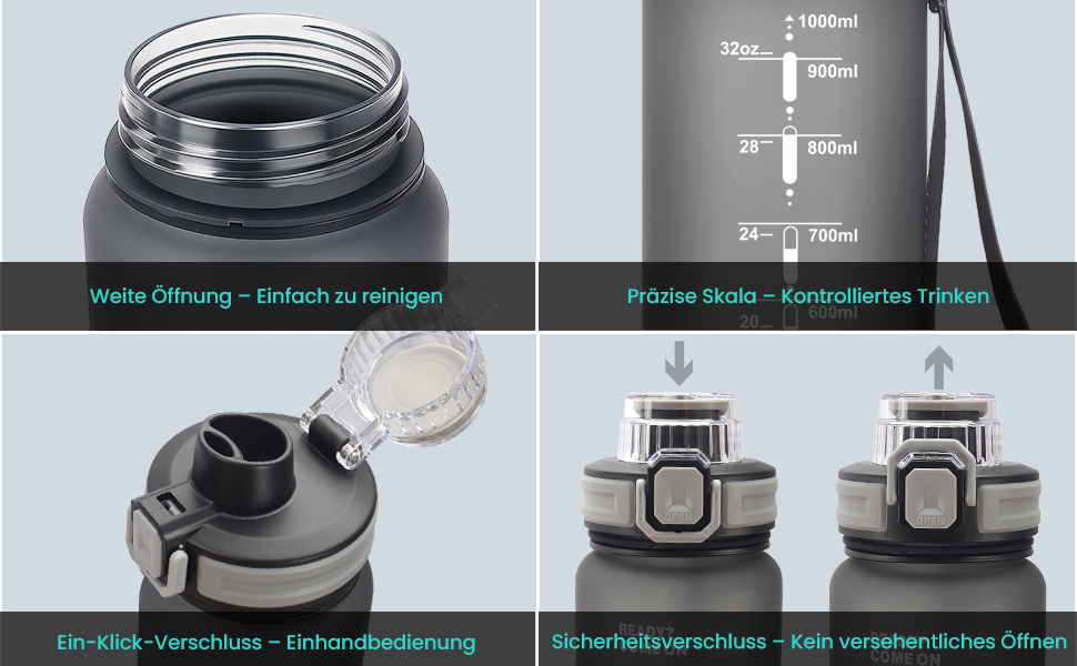 Спортивна пляшка для води 1л з 2-в-1 отвором | Трубочка та пряме пиття | Без BPA, Tritan, витокозахисна | Для спорту, фітнесу, роботи, велоспорту, піших прогулянок, подорожей