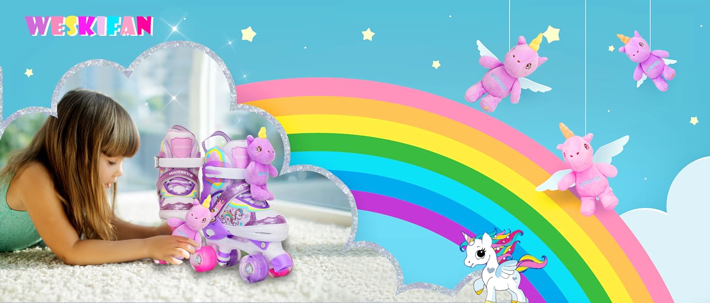 Дитячі ролики Kinder Einhorn для дівчаток, 4 розміри, регульовані, з підсвічуванням, ролики Quad для початківців, подарунок на Різдво/День народження (S(30~33), Рожевий)