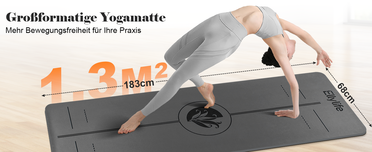 Протиковзкий килимок для йоги, пілатесу та фітнесу з еко-натурального каучуку та TPE, з лініями розмітки та ременем для перенесення, темно-сірий, 4 мм