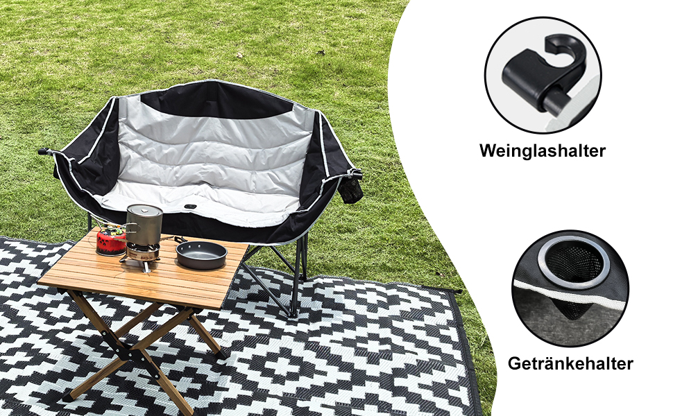 Двомісний розкладний крісло-диван для кемпінгу з підстаканниками, великий, чорно-білий
