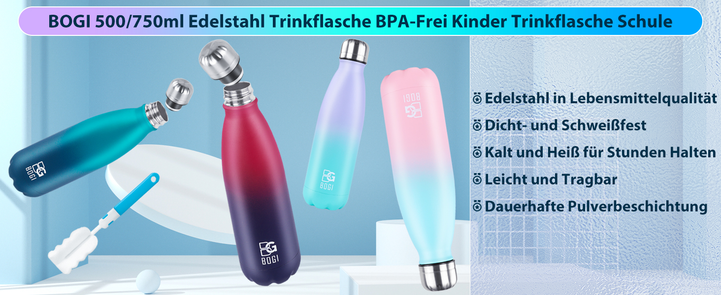BOGI Ізольована пляшка для води, металева, не протікає, з нержавіючої сталі, 750 мл, з щіткою для чищення, для дівчаток та хлопчиків