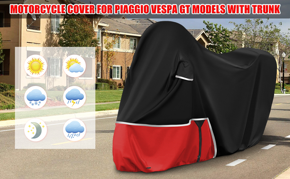 Водонепроникний захисний чохол для мотоцикла Piaggio MP3 400/500 з кофром, 420D Oxford, чорний/червоний