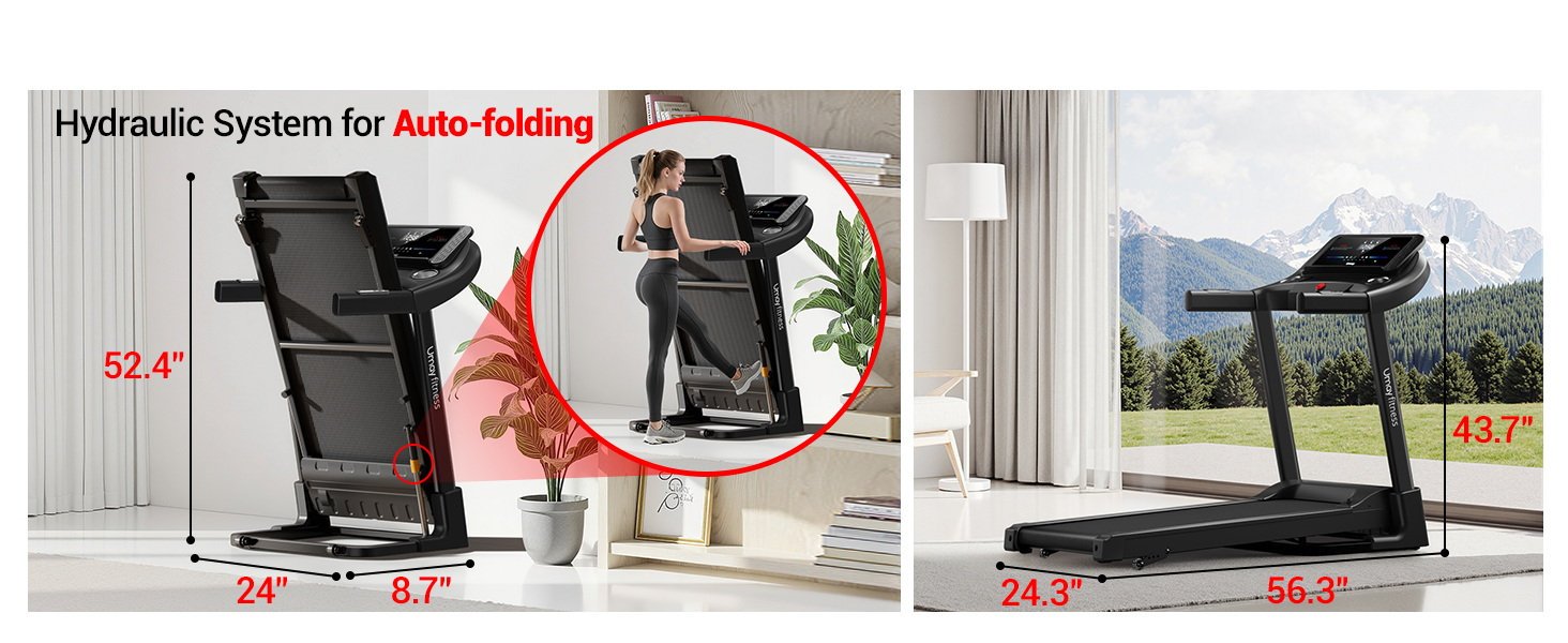 Біговий тренажер UMAY з нахилом 14 км/год, складаний для дому з мотором 3.0 PS та 3 рівнями нахилу, 12 програм тренувань, максимальне навантаження 136 кг, нахил 15%