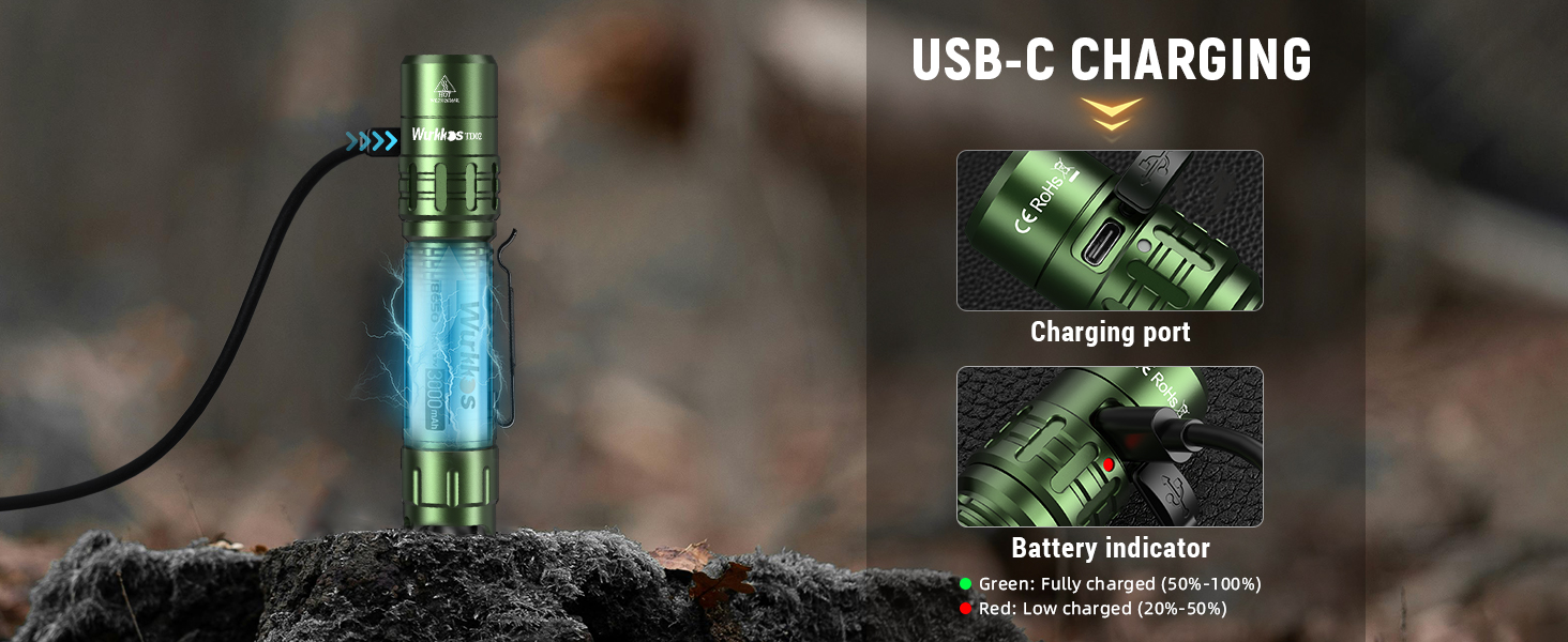 Wurkkos TD02 тактична ліхтарик LED, 2000 люмен, USB-C, водонепроникний IP68, 6 режимів, компактний, для активностей на відкритому повітрі та в приміщенні (зелений)