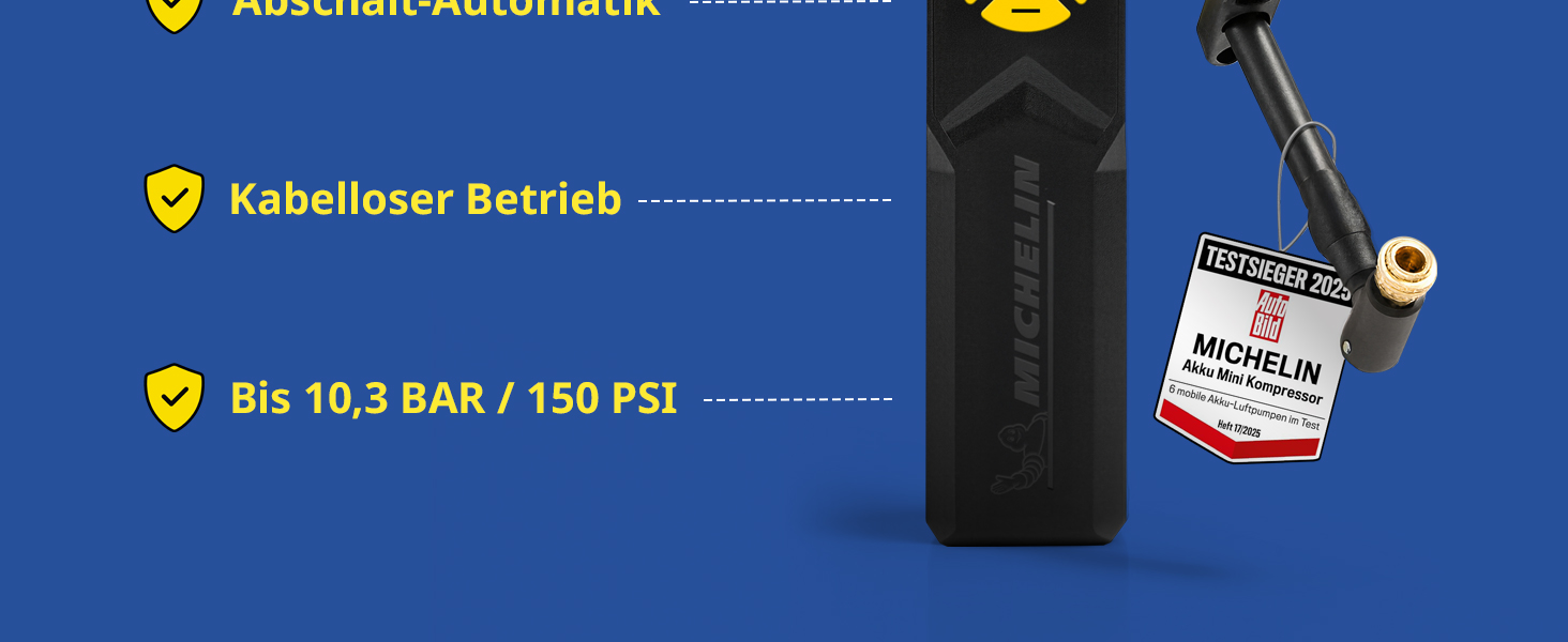 Міні-компресор Michelin Akku 10 Bar – портативний, цифровий | Для авто, велосипеда, електровелосипеда, мотоцикла, кемпера та причепа | 150 PSI, 7.4 V / 2500 mAH | LCD-дисплей, LED-підсвічування