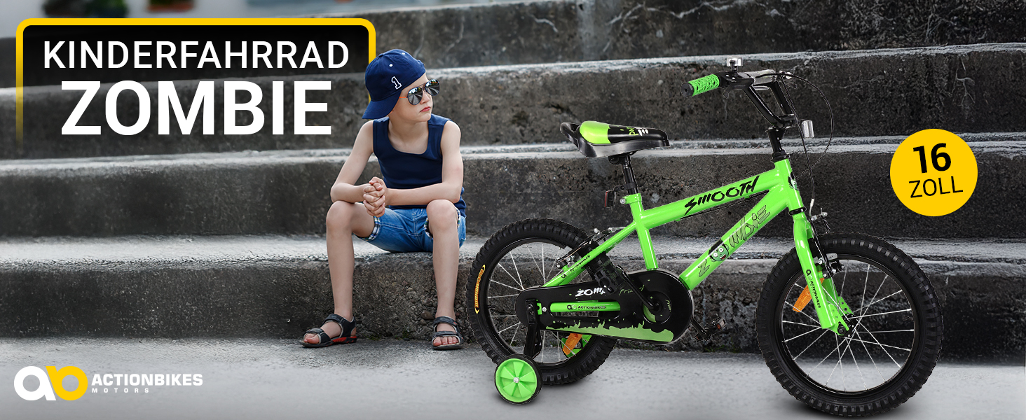 Дитяче велосипед Actionbikes Zombie 12/16/20 дюймів з V-Brake гальмами | Для дітей 2-9 років | З брудозахисниками | Для дівчаток та хлопчиків