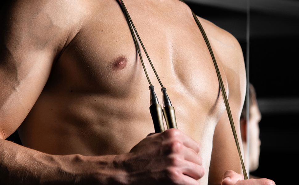 Скакалка PrimaFIT для дорослих: професійна, регульована, з вагою, 3м, 2 підшипники, антиковзні ручки, для боксу, MMA, кросфіту, сталевий трос, сумка (бронза)