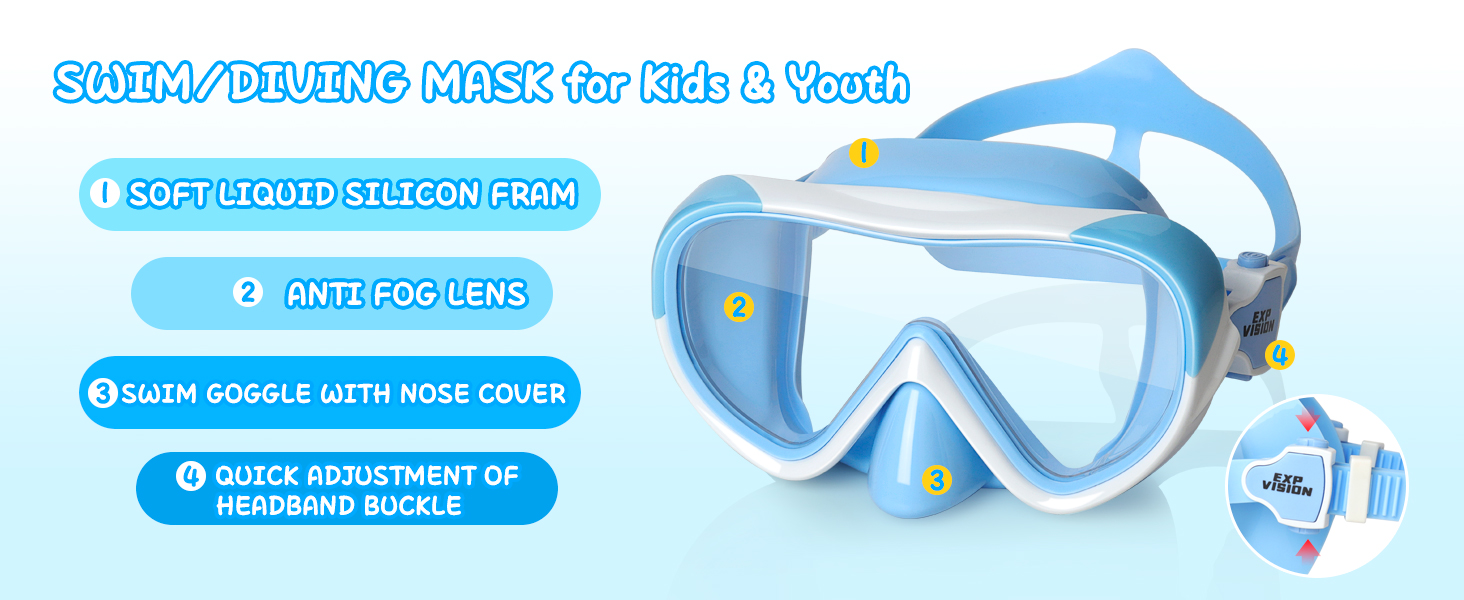 Дитячі окуляри для плавання Kinder Taucherbrille 180° Anti-Fog, маска для снорклінгу з носовою перегородкою, для підлітків 4-15 років, білі