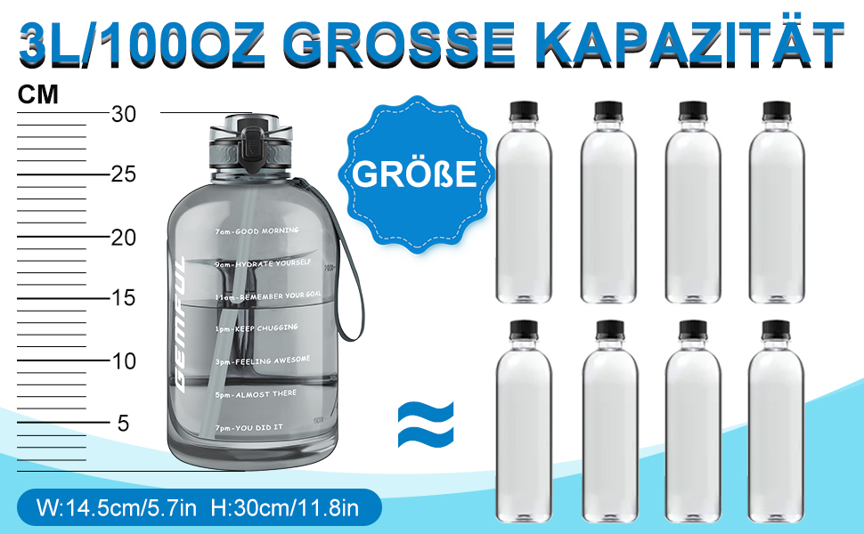Пляшка спортивна GEMFUL 3л з мітками часу, соломинкою та ручкою, сіра. BPA-free, герметична, для фітнесу, тренувань та активного зволоження