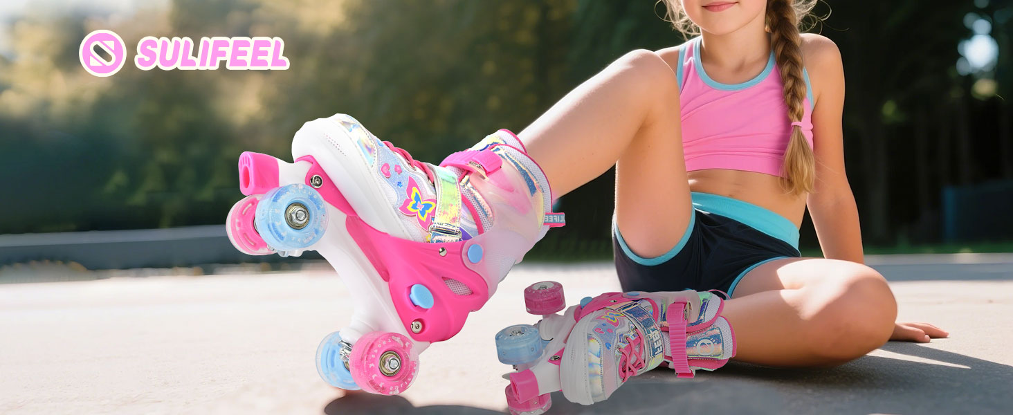 Роликові ковзани SULIFEEL для дівчаток та дітей з підсвічуванням, регульовані, 4 розміри, для малюків та початківців (Червоний, M (32-36))
