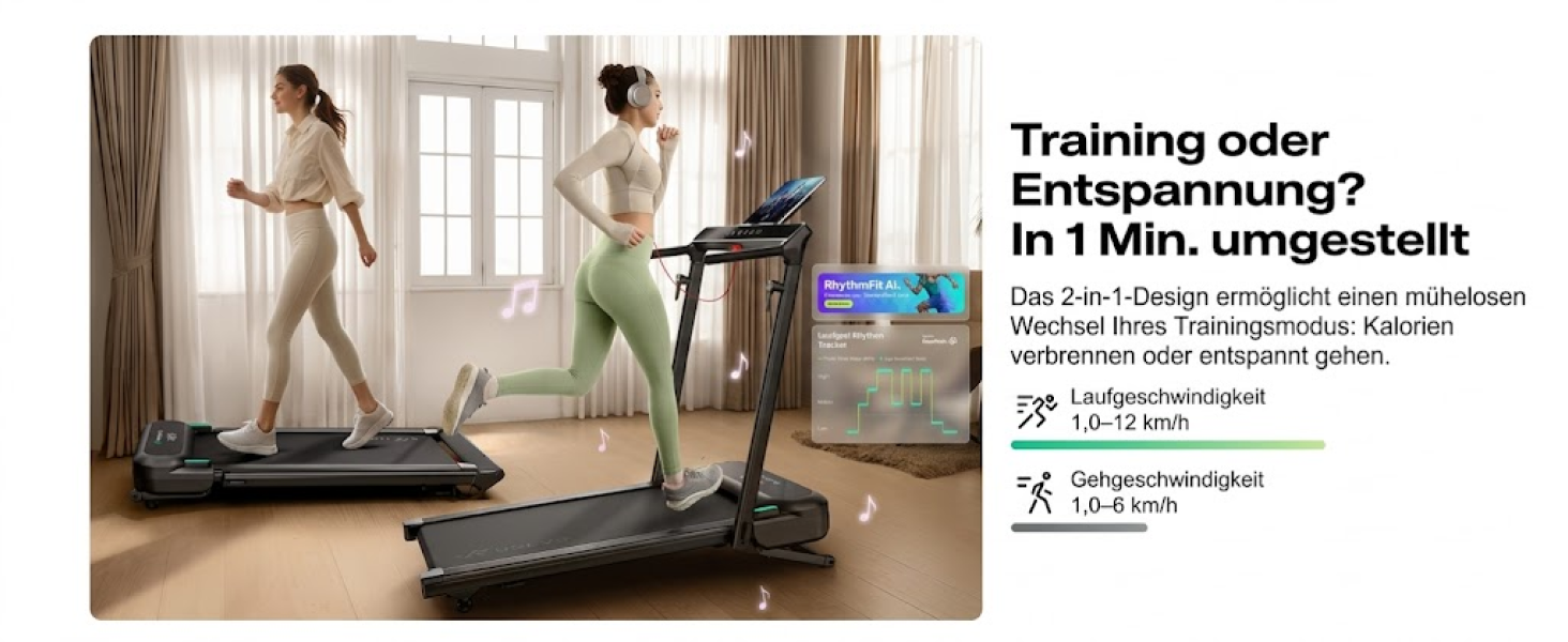 Бігова доріжка Smart Laufband з автоматичним нахилом 9%, 2.5 к.с., складана для дому та офісу, велика платформа, тиха, з KI-додатком та режимами HIIT, чорна