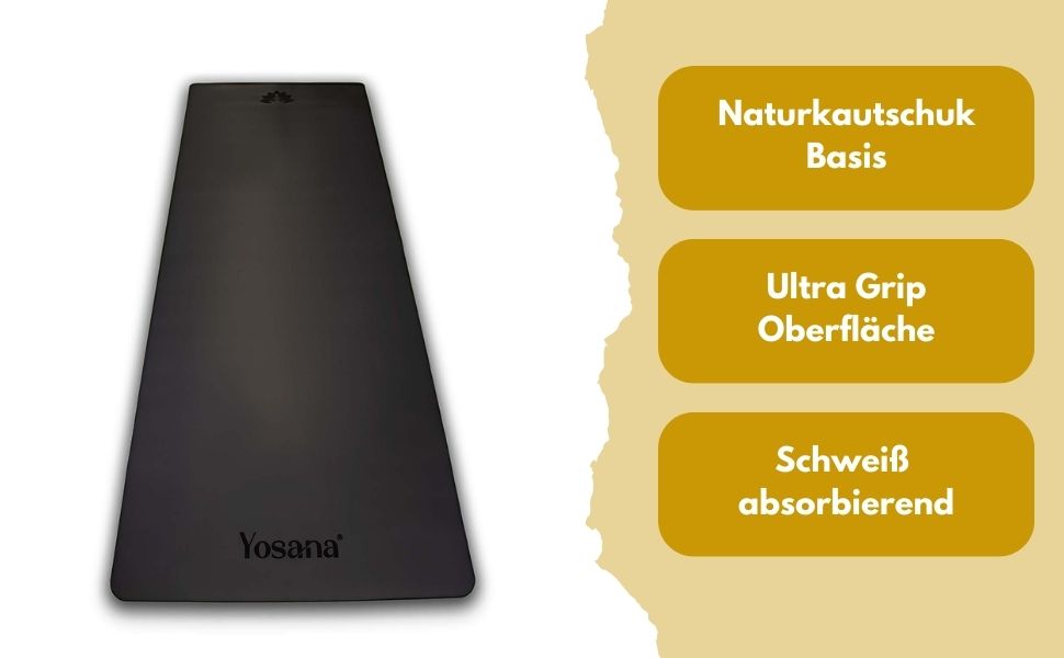Килимок для йоги Yosana з натурального каучуку надзвичайно не ковзає Поверхня ULTRA GRIP з ECO PU дуже широка 68см включаючи ремінь для перенесення Килимок для йоги 183х68см Тонкий 4 мм (чорний)