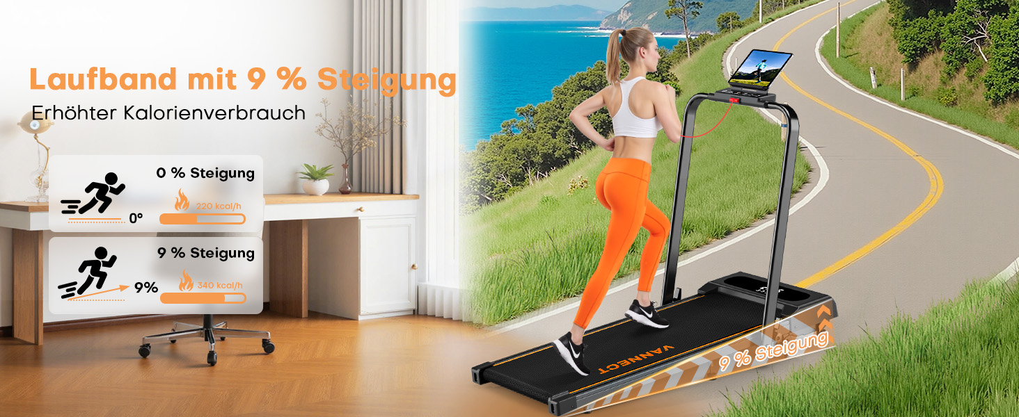 VANNECT Walking Pad - складане бігове полотно для дому, 1-12 км/год, кут нахилу 9%, LCD-дисплей, дистанційне керування, 150 кг, помаранчеве