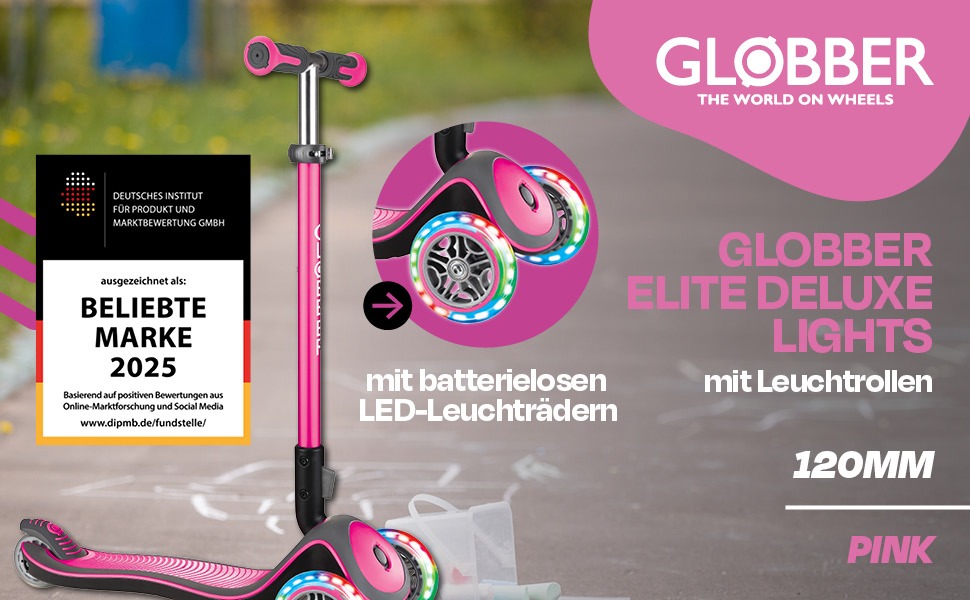 Самокат GLOBBER Elite Roller для дітей від 3 років, 3-колісний, з LED-підсвічуванням рожевого кольору, регульована висота, підшипники ABEC 5