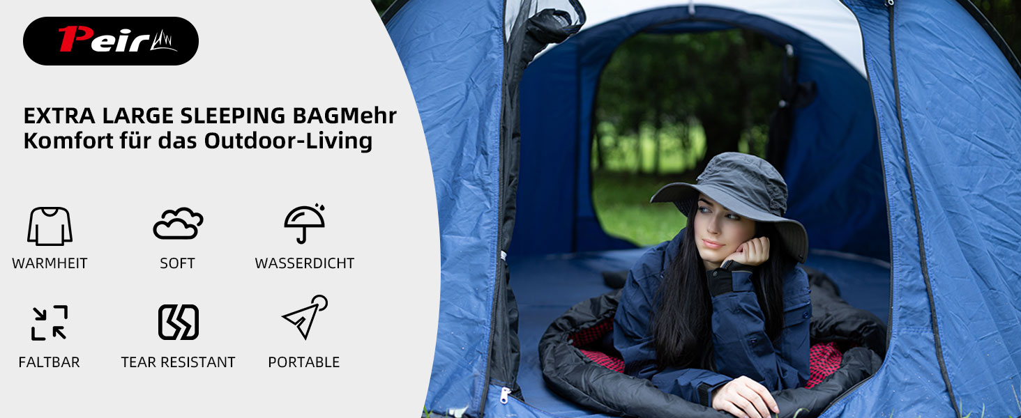 Спальний мішок для дорослих – широкий прямокутний, 3-сезонний з кишенею та сумкою, 300 г/м² бавовна, водонепроникний, для кемпінгу, дому та відпочинку на природі, з блискавкою справа