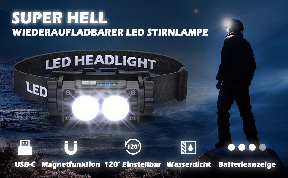 LED налобний ліхтар 2 шт. 2000 люменів, 3 режими, водонепроникний, для риболовлі, бігу, кемпінгу (чорний)