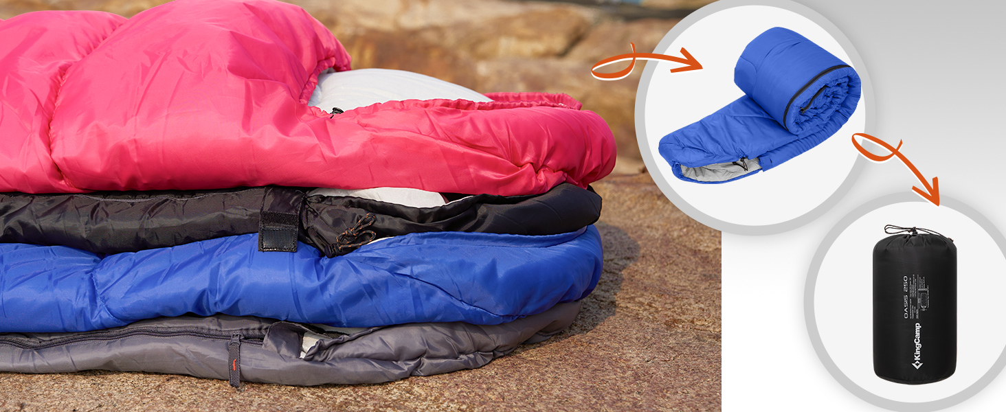 Сплячий мішок KingCamp Oasis для кемпінгу, 3-4 сезони, водовідштовхувальний, легкий, для дітей та дорослих, чорний, L, 220x75 см, можливість з'єднання