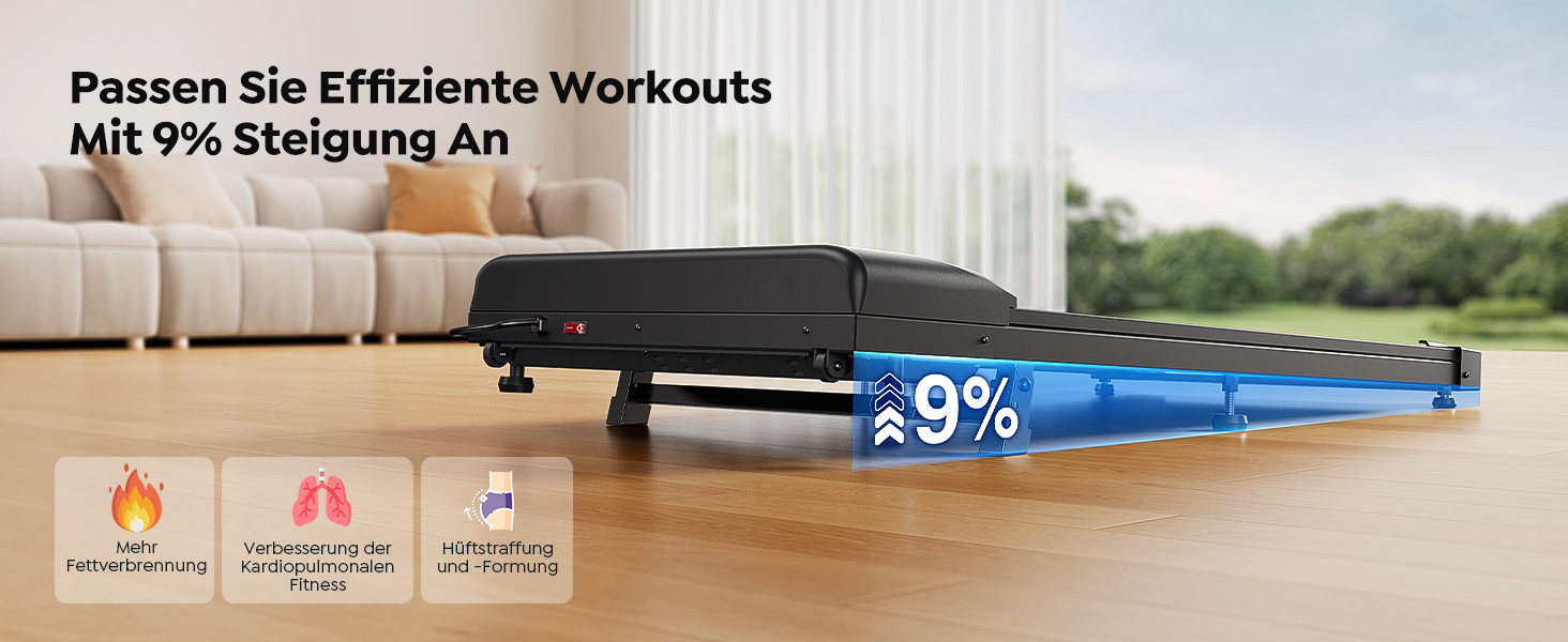 Walking Pad з нахилом 9% - компактне бігове полотно 1-8 км/год, портативне та легке у переміщенні, керування через APP та пульт дистанційного керування (з функцією паузи), без монтажу, економія місця, з LED-дисплеєм - для офісу та дому, Black Walking Pad з нахилом