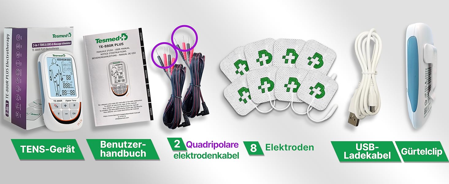 TESMED TE-880R Plus: Музелелектричний стимулятор TENS EMS, пристрій для зняття болю та масажу, 73 програми (2 налаштовуються), 8 електродів