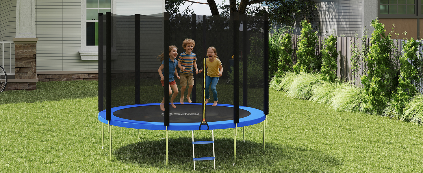 Батут Sekey Outdoor 244/305/366 см - сертифікований TÜV Rheinland GS, дитячий, для саду, з безпечним мотузковим драбиною, посиленим захисним сіткою та захисним бортиком, блакитний (305 см/10 футів)