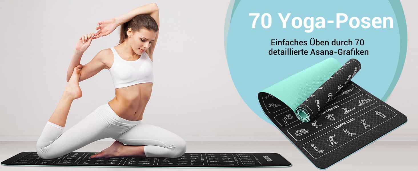 Килимок для йоги спортивний – 70 надрукованих поз, неслизький матеріал TPE, для гімнастики, пілатесу, дому та подорожей, фітнес килимок для жінок та чоловіків, 181x63x0,6 см (зелений та чорний)