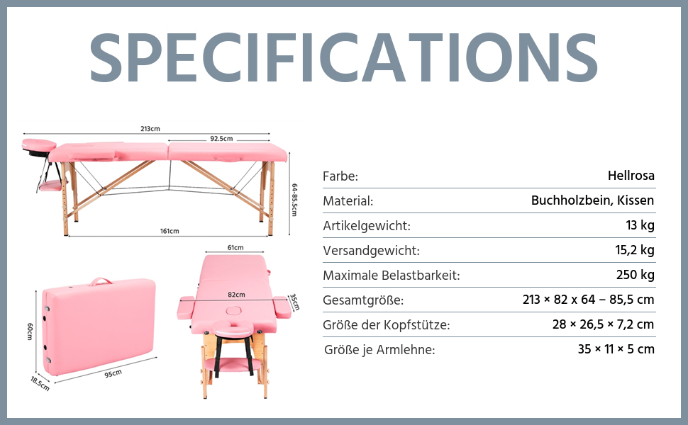 Масажний стіл Yaheetech Мобільний масажний стіл 2 зони Портативне масажне ліжко Дерев'яні ніжки з регулюванням висоти в т.ч. Підголівник і підлокітники 213 82 x 85.5 см до 250 кг З можливістю завантаження (213 x 82 см, світло-рожевий)